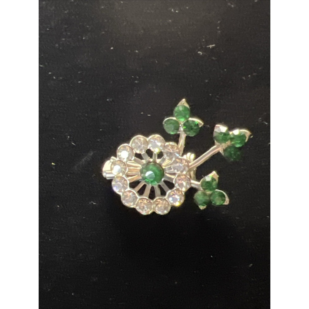 Vintage Silvertone Green Rhinestone Flower Brooch Costume Jewelry